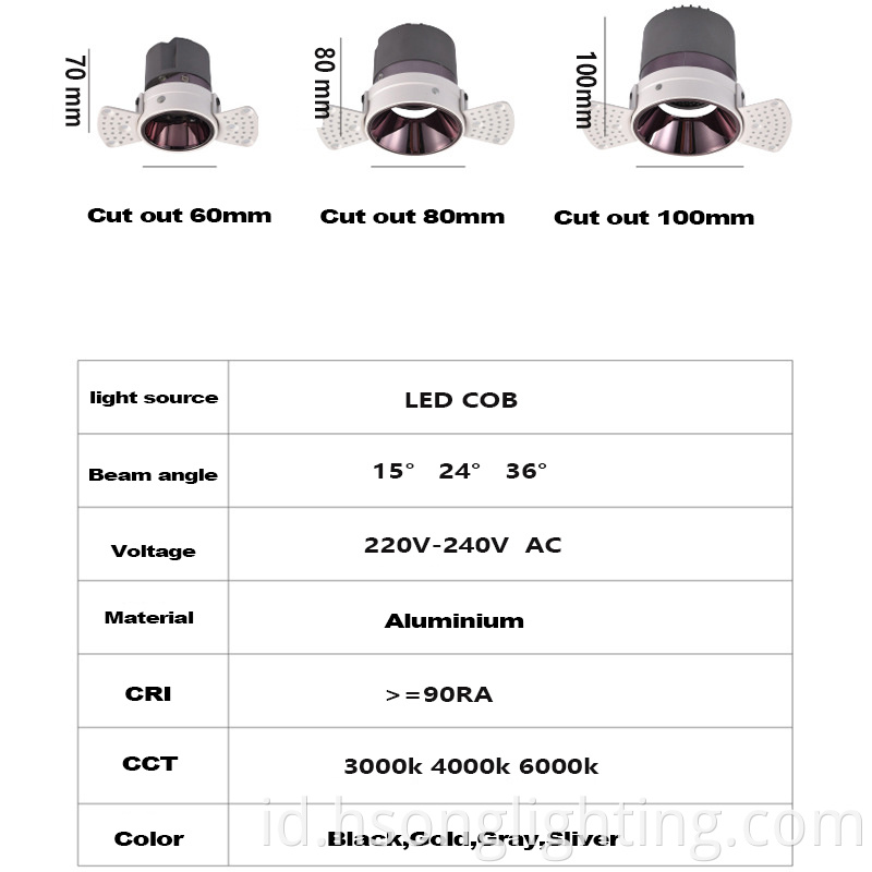 Garansi Aluminium Hsong Anti Glare 5W 7W 10W 15W 20W Down Light Round Trimless Light